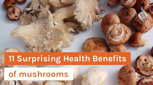 Image of mushrooms with article title 11 Surprising Health Benefits of Mushrooms