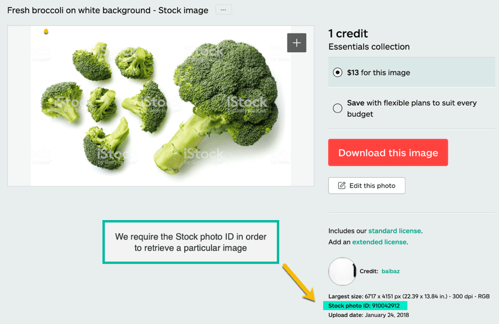 example of where to find the iStock number on a page