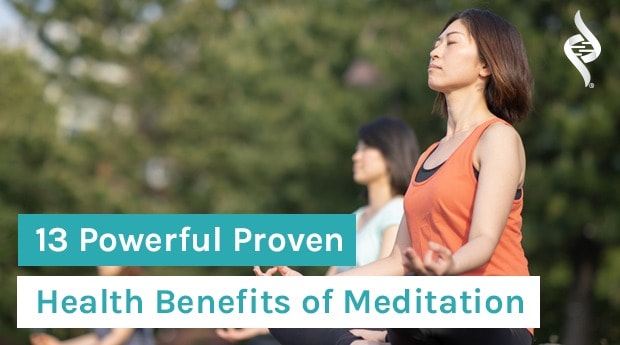 Women meditating with article title: 13 Powerful Proven Health Benefits of Meditation
