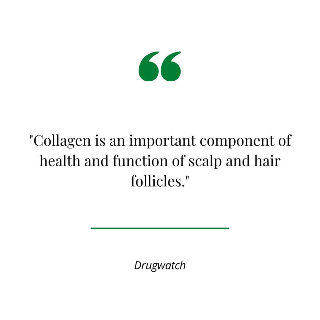 Collagen as essential for hair health, a quote from Drugwatch.