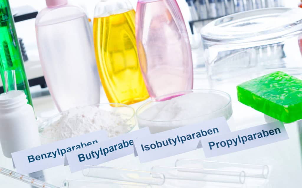 Photo showing many common and toxic parabens in a lab.