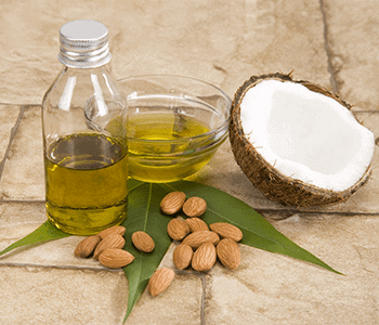 Carrier oils for essential oils include olive, coconut, and almond oil