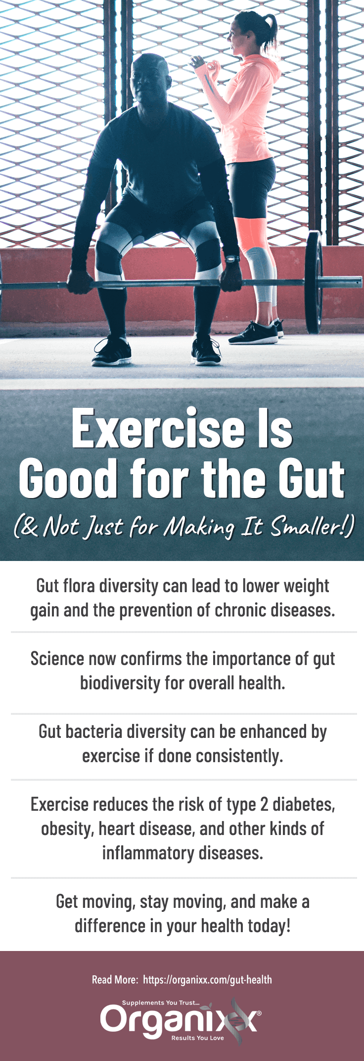 Infographic with list of reasons why exercise is good for gut health