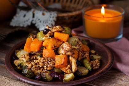 roasted brussels spouts & pumpkin with cranberries and nuts